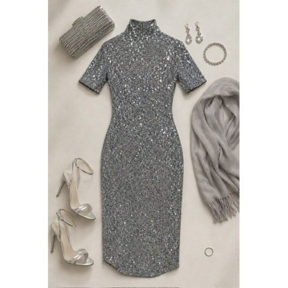 NWT Vineyard Vines Silver Sequin Stretch Midi Dress Mock Neck Short Sleeve XS